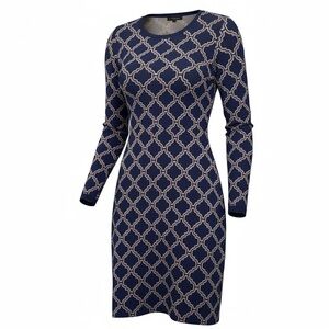 HATLEY - Navy Blue Printed Long Sleeve Sweater Dress